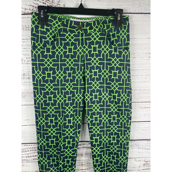 Gretchen Scott Pants Women's XS Navy Green Geometric Print Stretch Cotton Ankle - Picture 2 of 9